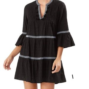 Tommy Bahama Black Cotton Clip Tiered Women's Cover-Up Dress